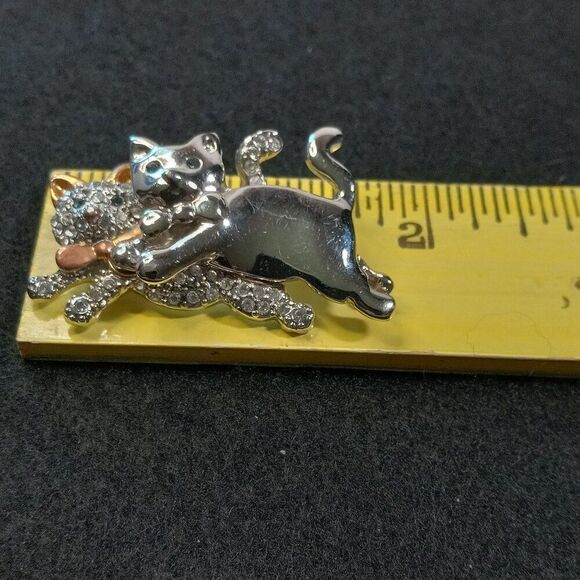 Leaping Kitty Cats Silver tone Metal clear Crystals Bow ties Cottagecore - Picture 4 of 5